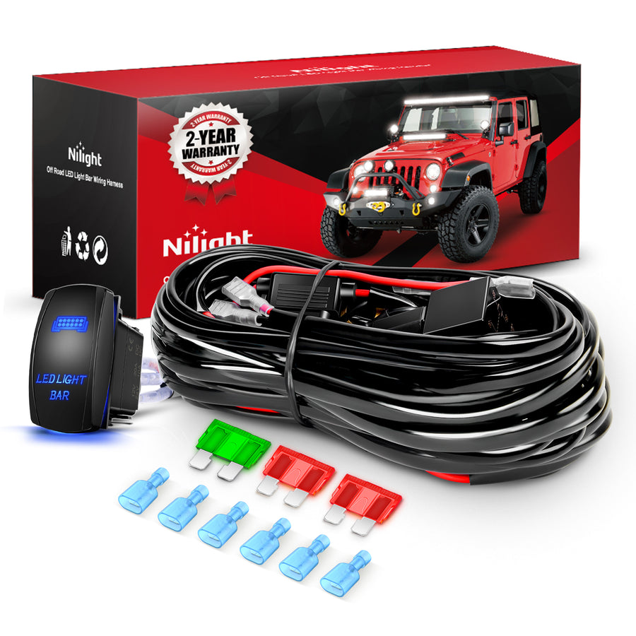 Nilight 12AWG LED Light Bar Wiring Harness Kit 12V On Off 5Pin Rocker Switch Laser Waterproof Toggle Power Relay Blade Fuse for Cars Boat ATV Trucks - 3 Leads Blue