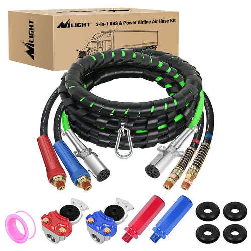 Nilight 12FT 3-in-1 ABS Electrical Cord & Rubber Air Line Hose Kit with Gladhand & Handles