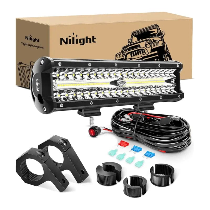 Nilight 12 Inch 300W 30000LM Triple Row Flood/Spot LED Light Bar Kit | 12FT Wire