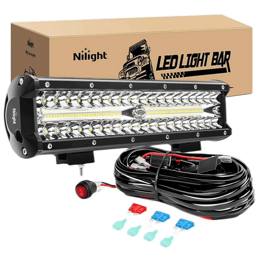 Nilight 12 Inch 300W 30000LM Triple Row Spot/Flood Led Light Bar Kit | 16AWG Wire 3Pin Switch