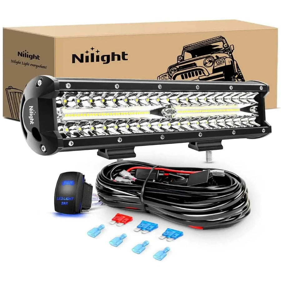 Nilight 12 Inch 300W 30000LM Triple Row Spot/Flood Led Light Bar Kit | 16AWG Wire