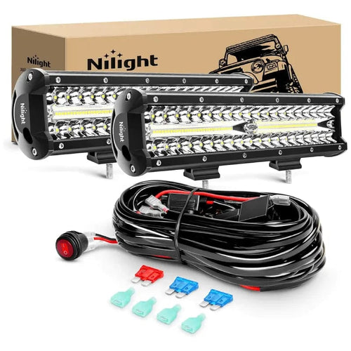 Nilight 12 Inch 300W 30000LM Triple Row Spot/Flood LED Light Bar (Pair) | 16AWG Wire 3Pin Switch