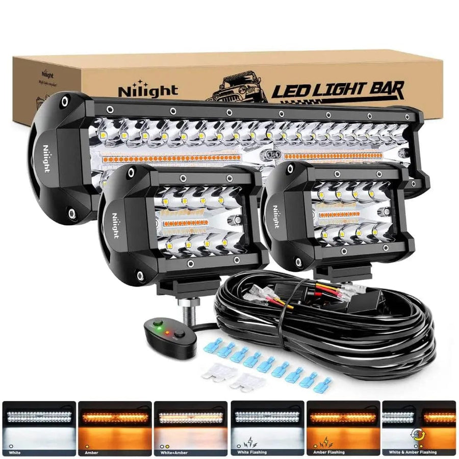 Nilight 12 Inch 300W Amber White Led Light Bar Kit | 2PCS 4 Inch 60W Light Pods | 16AWG Wire