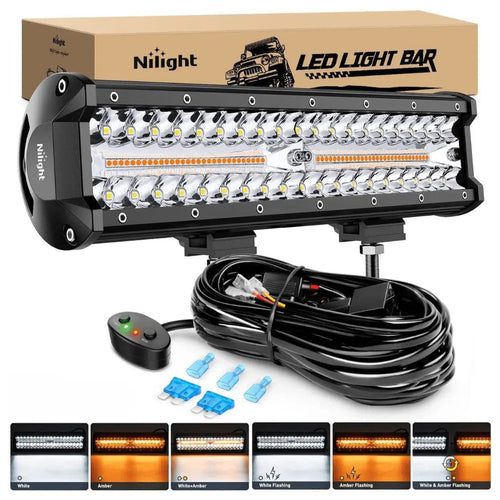 Nilight 12 Inch 300W Amber White Triple Row Spot/Flood Led Light Bar Kit | 16AWG Wire