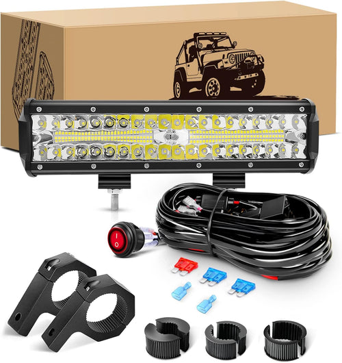 Nilight 12Inch 300W Triple Row Led Light Bar Spot Flood Combo Off Road Lights Mounting Bracket Horizontal Bar Tube Clamp Led Lamp with Wiring Harness for Truck Golf Cart ATV UTV
