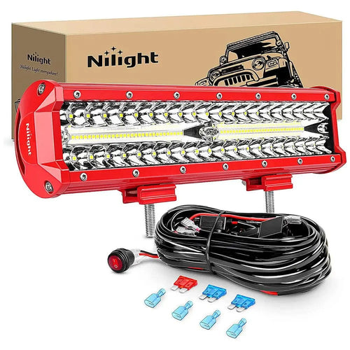 Nilight 12 Inch 300W Triple Row Red Case Spot/Flood LED Light Bars | 16AWG Wire 3Pin Switch
