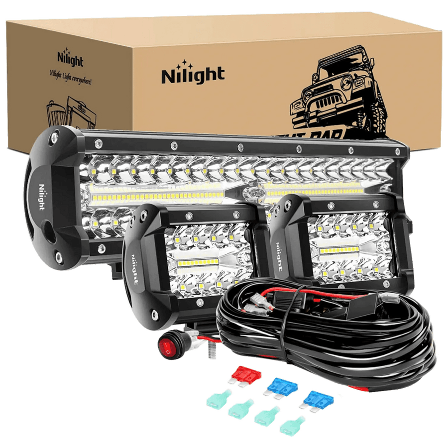 Nilight 12 Inch 300W Triple Row Spot/Flood Led Light Bar Kit | 4 Inch 60W Led Pods (Pair)