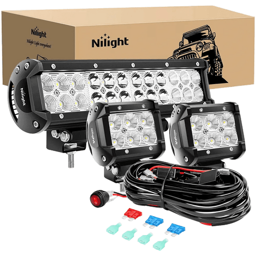 Nilight 12 Inch 72W Double Row Spot Flood Led Light Bar | 4 Inch 18W Flood LED Pods (Pair) | 10FT Wire 3Pin Switch