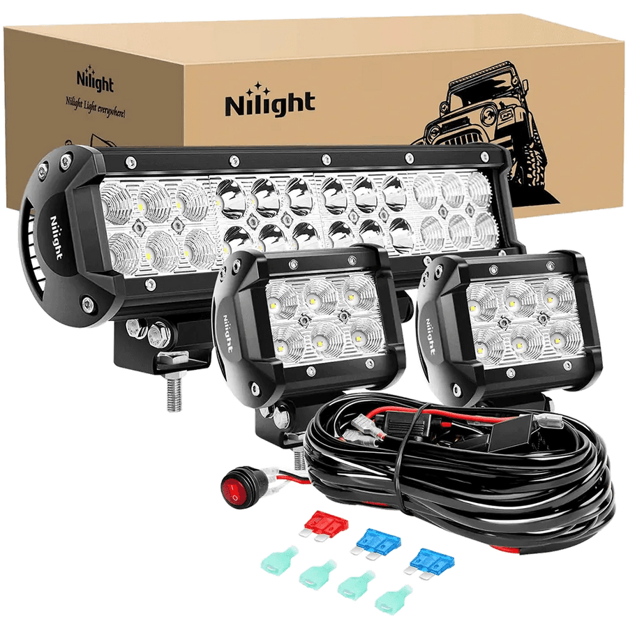 Nilight 12 Inch 72W Double Row Spot Flood Led Light Bar | 4 Inch 18W Flood LED Pods (Pair) | 10FT Wire 3Pin Switch