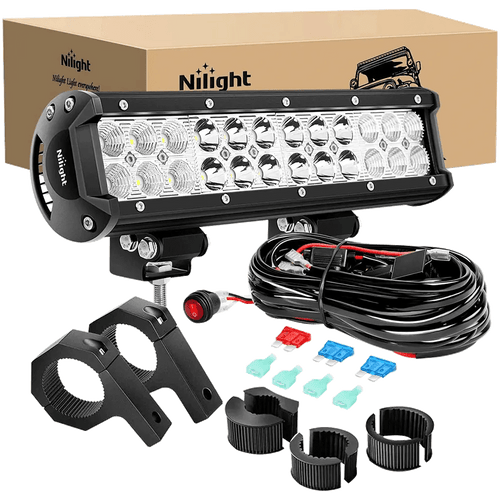 Nilight 12 Inch 72W Double Row Spot Flood Led Light Bar | Horizontal Tube Clamp Mount | 12FT Wire 3Pin Switch