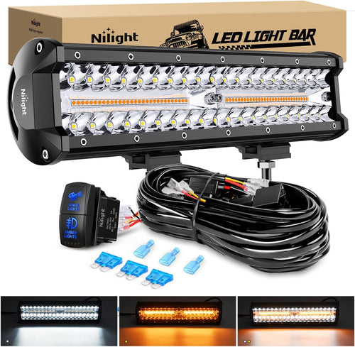 Nilight 12Inch Off-Road LED Light Bar, 300W 3 Lighting Modes (White/Amber/White&Amber) Driving Fog Light Spot Flood Lights with 16AWG Wiring Harness for Truck Car ATV SUV Jeep Boat