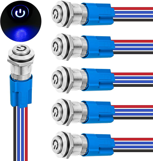 Nilight 12mm Latching Push Button Switch 6pcs LED Blue Waterproof Small Round Power Button Switches with Pre-Wiring Socket for Car Truck Boat Marine RV Vehicle