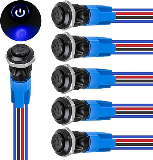 Nilight 12mm Latching Push Button Switch 6pcs LED Blue Waterproof Small Round Power Button Switches with Pre-Wiring Socket for Car Truck Boat Marine RV Vehicle