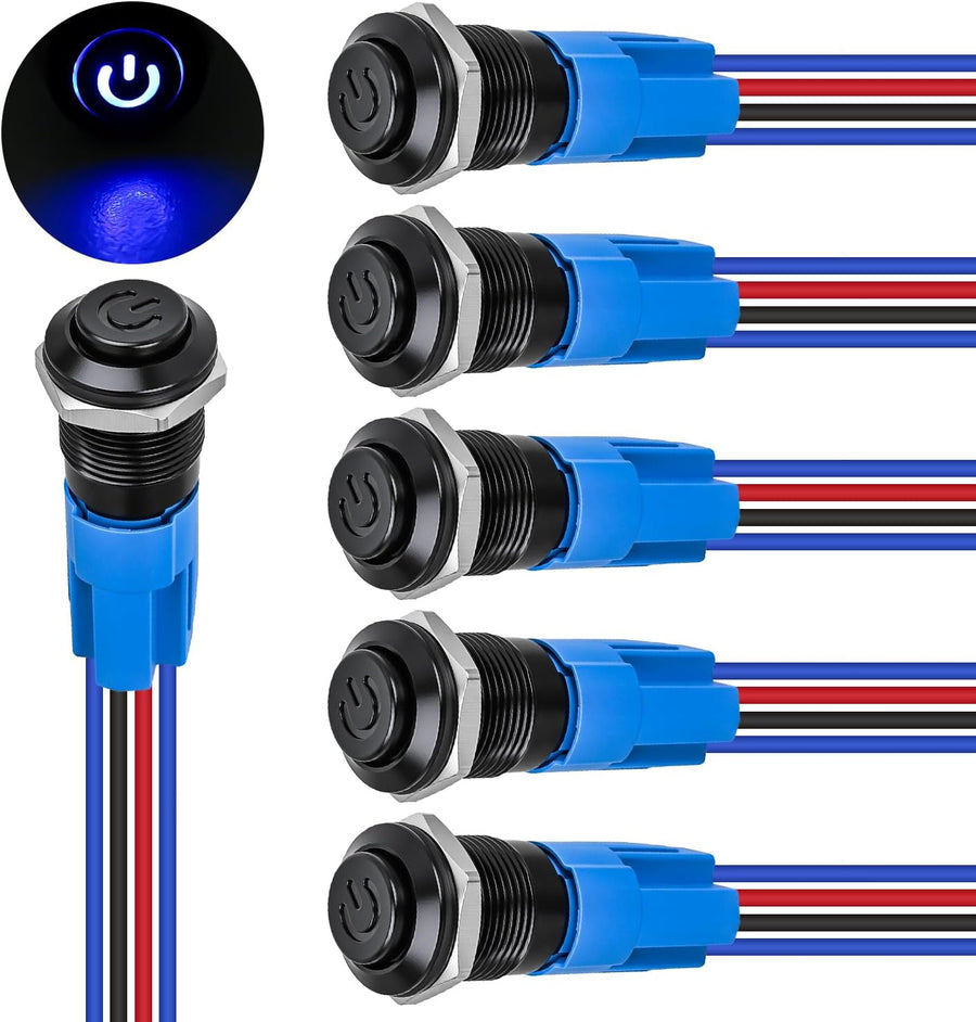 Nilight 12mm Latching Push Button Switch 6pcs LED Blue Waterproof Small Round Power Button Switches with Pre-Wiring Socket for Car Truck Boat Marine RV Vehicle