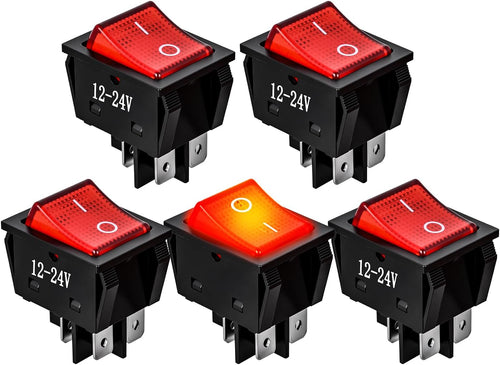 Nilight 12V 24V Rocker Switches Red LED Lighted 4 Pin 2 Position ON Off Toggle Switch 5PCS KCD4 DPST for Car Automotive Truck Boat Marine Off-Road Vehicle