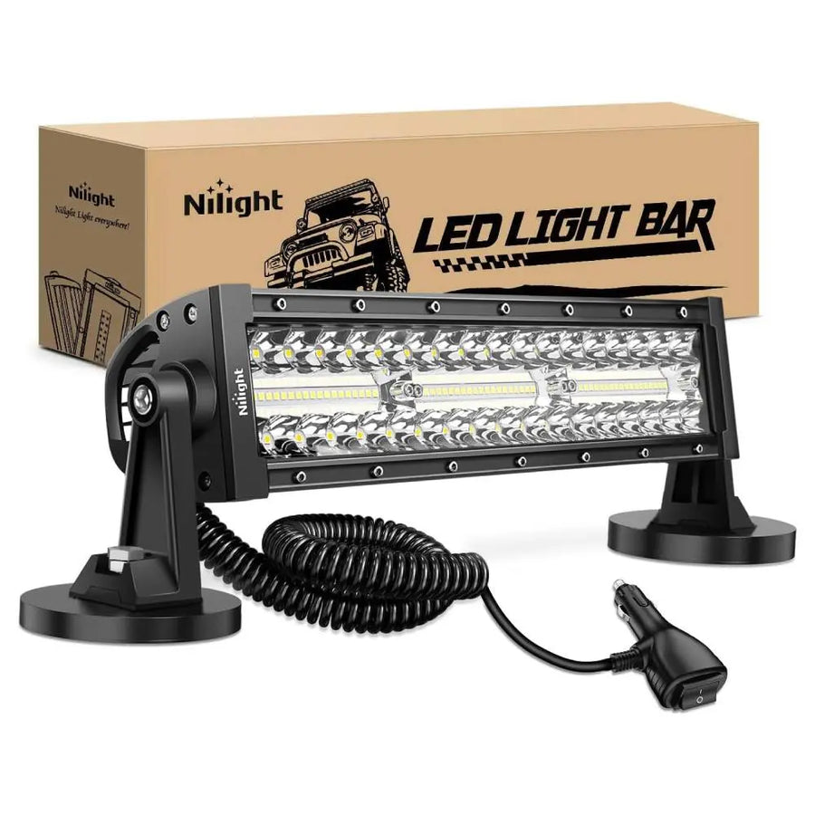 Nilight 13.5 Inch 288W Triple Row 96LEDs Spot Flood LED Light Bar Kit | Cigarette Lighter 10FT Wire Magnet Bases