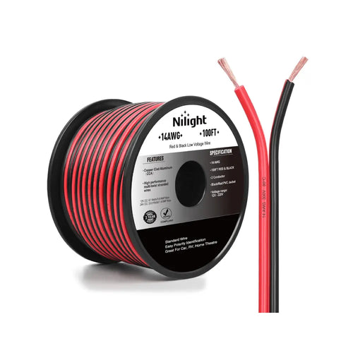 Nilight 14AWG 100FT Wire Copper Clad Aluminum 2 Conductor Parallel Wire Red Black 12V/24V DC Cable Flexible Extension Cords for Model Train Car Audio Radio Amplifier DIY