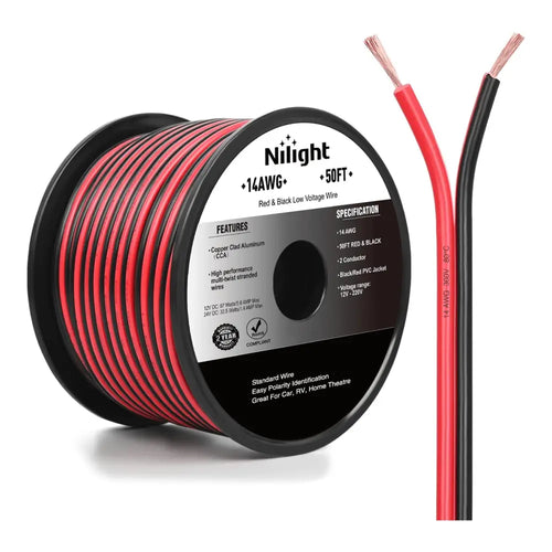 Nilight 14AWG 50FT Copper Clad Aluminum Wire 14/2 Gauge Red Black CCA Electrical Cable 2 Conductor Parallel 12V/24V DC Flexible Extension Cords