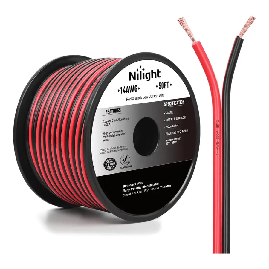 Nilight 14AWG 50FT Copper Clad Aluminum Wire 14/2 Gauge Red Black CCA Electrical Cable 2 Conductor Parallel 12V/24V DC Flexible Extension Cords