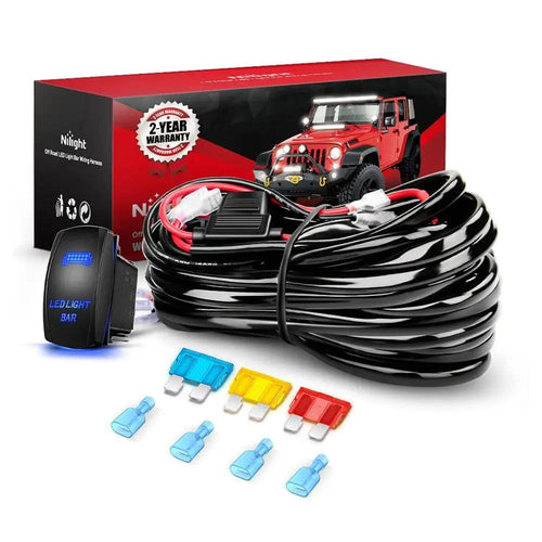 Nilight 14AWG Wire Harness Kit 2 Leads W/ 12V 5Pin Switch | 3 Fuses | 4 Spade Connectors
