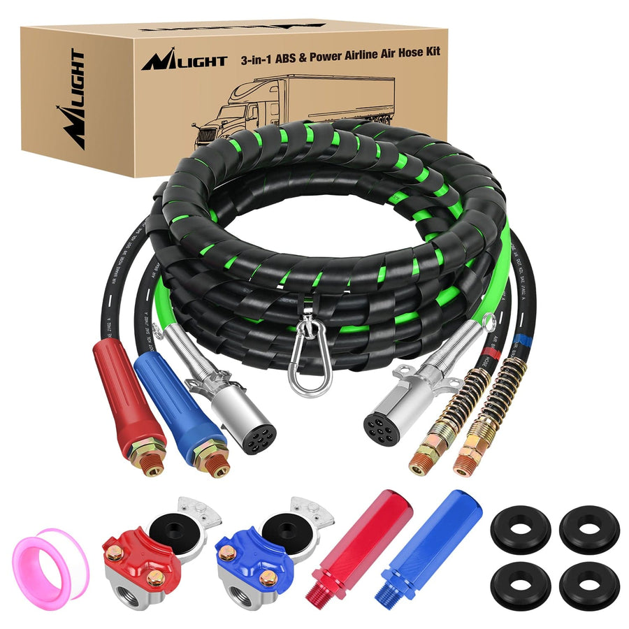 Nilight 15FT 3-in-1 ABS Electrical Cord & Rubber Air Line Hose Kit with Gladhand&Handles