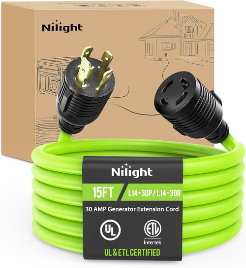 Nilight 15FT 30Amp Generator Extension Cord 125V Heavy Duty 10/3 Gauge Pure Copper STW Wire UL ETL Listed 4 Prong L14-30P L14-30R Weatherproof Suit for Camper Outdoor Use Bright Green