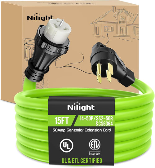 Nilight 15FT 50 Amp Generator Extension Cord 250V Heavy Duty 6/3+8/1 Gauge Pure Copper STW Wire ETL Listed 4 Prong 14-50P SS2-50R&CS6364 Suit for RV Camper Outdoor Use Bright Green