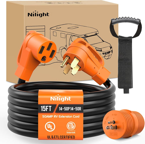 Nilight 15FT 50 Amp RV Extension Cord with Adapter 15Amp to 50Amp 250V Heavy Duty 6/3+8/1 Gauge Pure Copper STW Wire UL ETL Listed 4 Prong 14-50P 14-50R Weatherproof Suit for Generators Camper