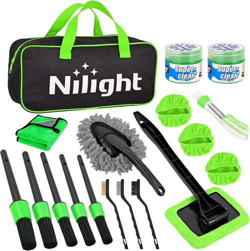 Nilight 15PCS Car Detailing Kit Auto Cleaning Tools Wash Set with Storage Carry Bag Beginners Easy to Use for Interior Exterior Car Care Clean Windshield Dashboard Seat Air Vents Wheels Tires, Green