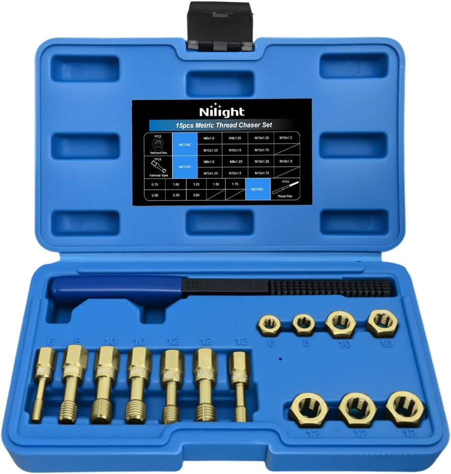 Nilight 15PCS Metric Thread Chaser Set with Case Universal M6 M8 M10 M12 | 7 Taps 7 Dies 1 Threads File Thread Repair Kit Master Automotive Tool for Mechanics Auto Shops Home Garage Mobile Repair