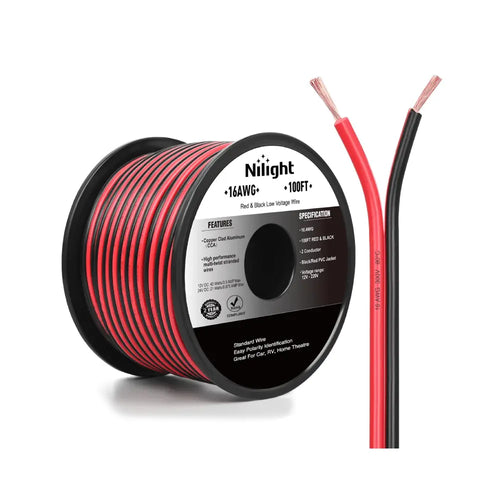 Nilight 16AWG 100FT Wire Copper Clad Aluminum 2 Conductor Parallel Wire Red Black 12V/24V DC Cable Flexible Extension Cords for Model Train Car Audio Radio Amplifier DIY