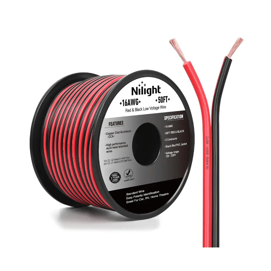Nilight 16AWG 50FT Wire Copper Clad Aluminum 2 Conductor Parallel Wire Red Black 12V/24V DC Cable Flexible Extension Cords for Model Train Car Audio Radio Amplifier DIY