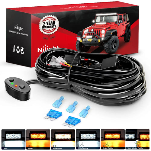 Nilight 16AWG Amber White Light Bar Wire Harness Kit 1 Lead W/ 12V On Off Switch | 2 Fuses | 3 Spade Connectors
