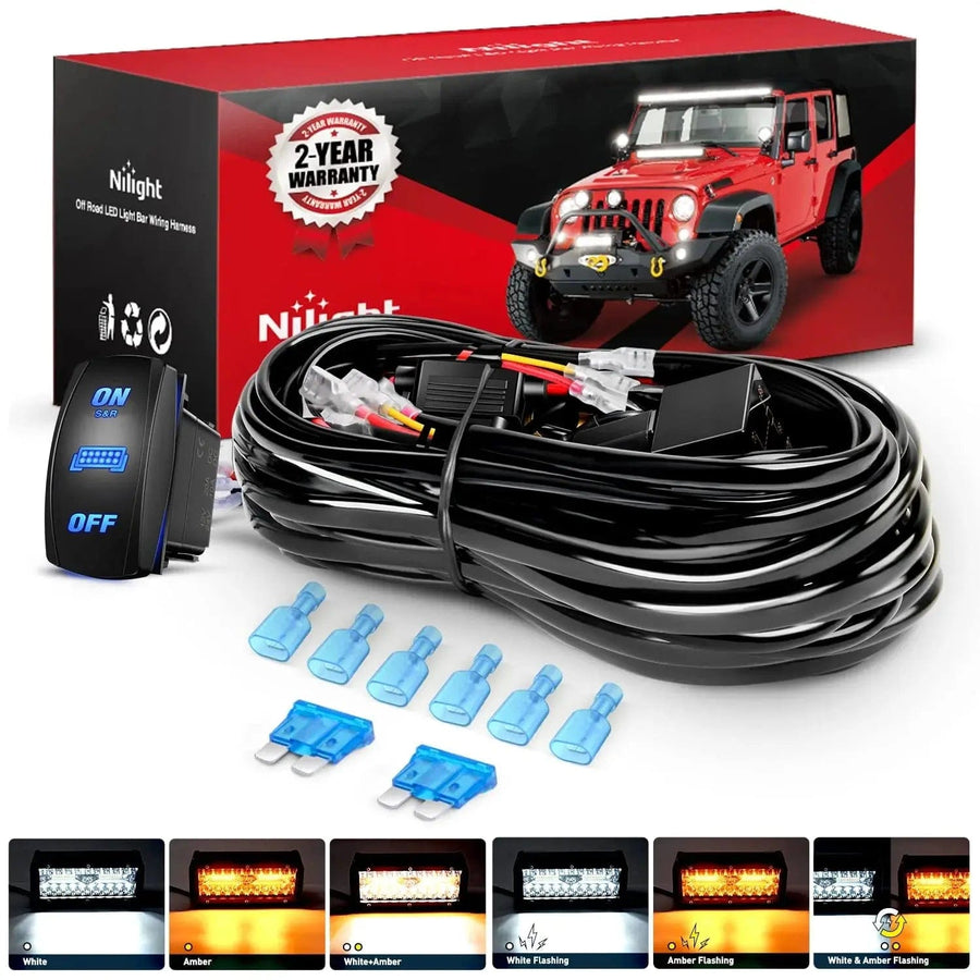 Nilight 16AWG Amber White Light Bar Wire Harness Kit 2 Leads W/ 12V 8Pin Switch | 2 Fuses | 6 Spade Connectors