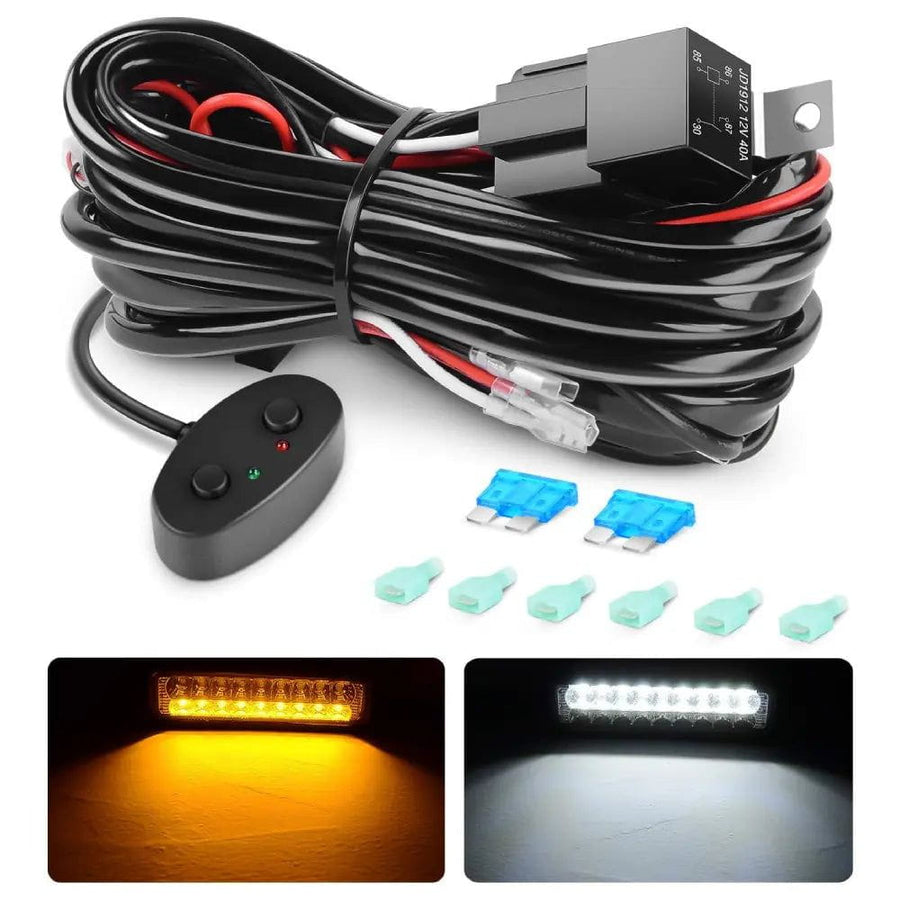 Nilight 16AWG Amber White Light Bar Wire Harness Kit 2 Leads W/ 12V Push Button Switch | 2 Fuses | 6 Spade Connectors