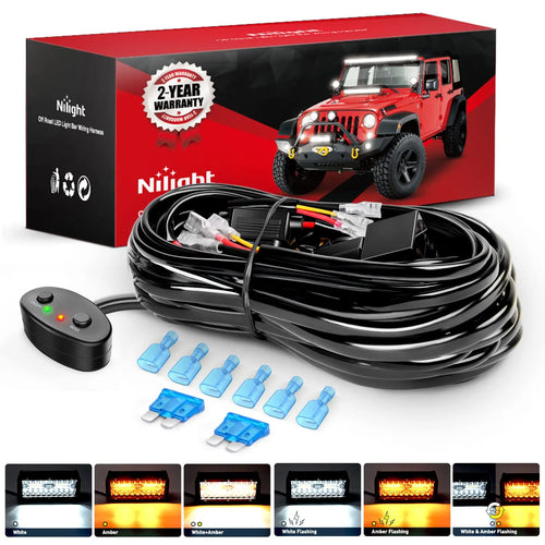 Nilight 16AWG Amber White Light Bar Wire Harness Kit 2 Leads W/ 12V On Off Switch | 2 Fuses | 6 Spade Connectors