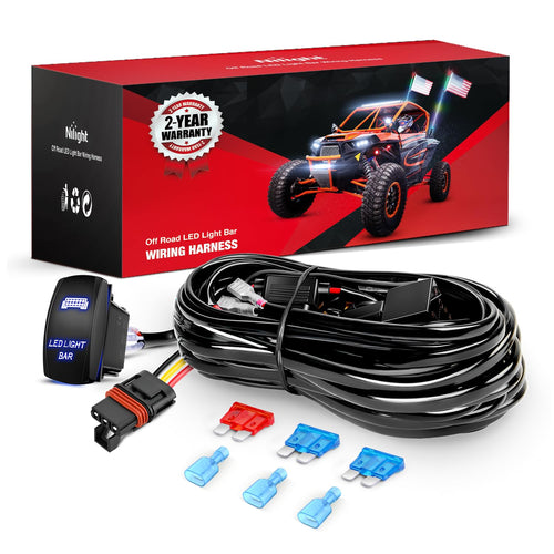 Nilight 16AWG LED Light Bar Wiring Harness Kit with Pulse Power Plug | Connector 12V On Off 5Pin Rocker Switch Relay Fuse for Polaris RZR General Ranger Pulse Bus bar- 2 Leads Blue