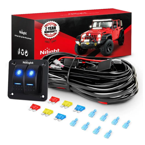 Nilight 16AWG Wire Harness 4 Leads W/ 2 Gang Rocker Switch | 6 Fuses | 8 Spade Connectors