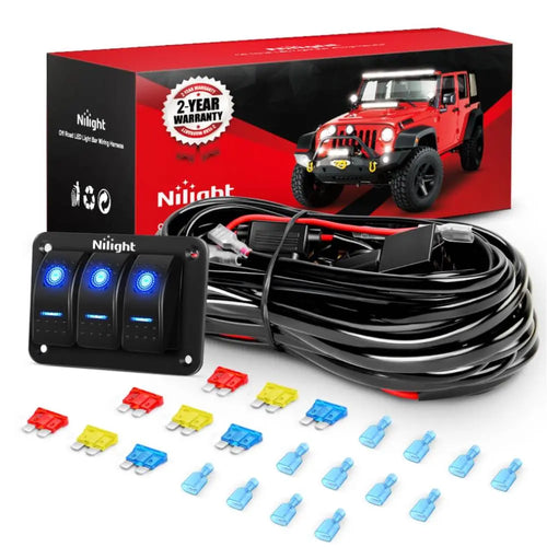 Nilight 16AWG Wire Harness 6 Leads W/ 3 Gang Rocker Switch | 9 Fuses | 12 Spade Connectors