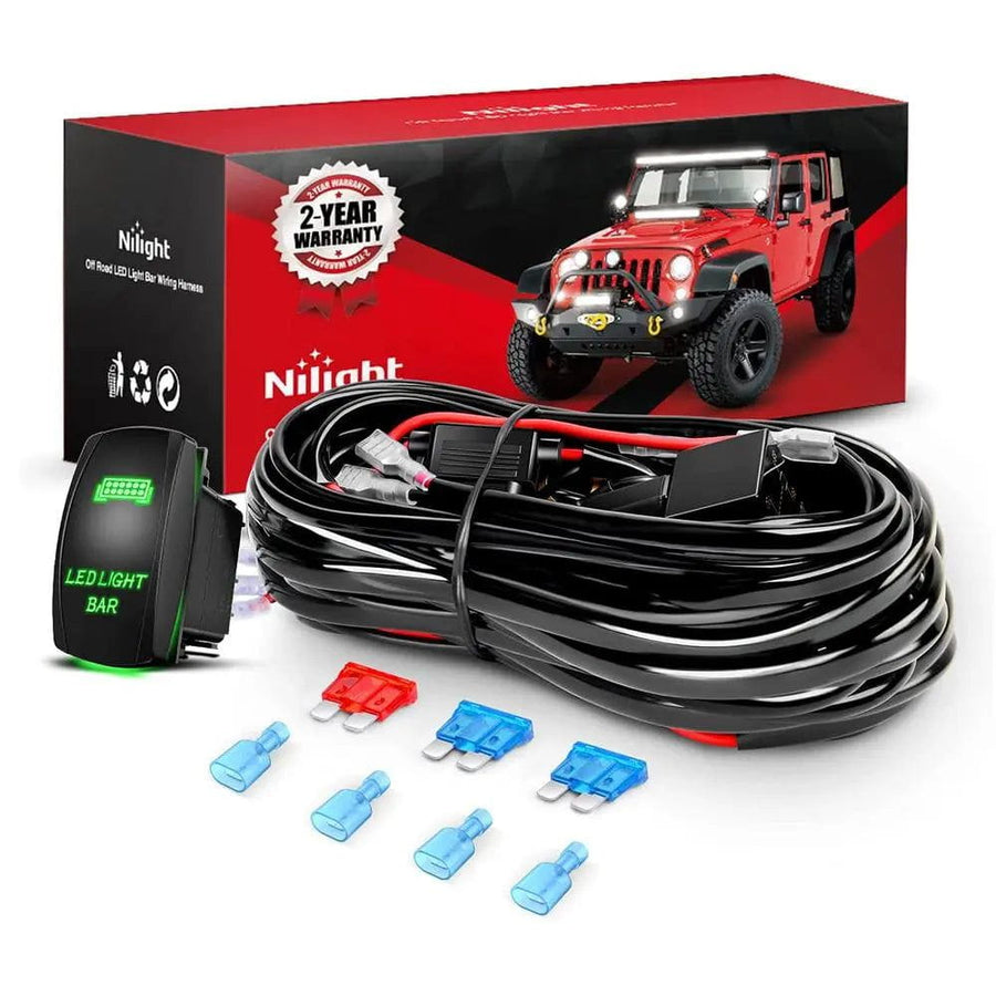 Nilight 16AWG Wire Harness Kit 2 Leads W/ 12V 5Pin Green Switch | 3 Fuses | 4 Spade Connectors