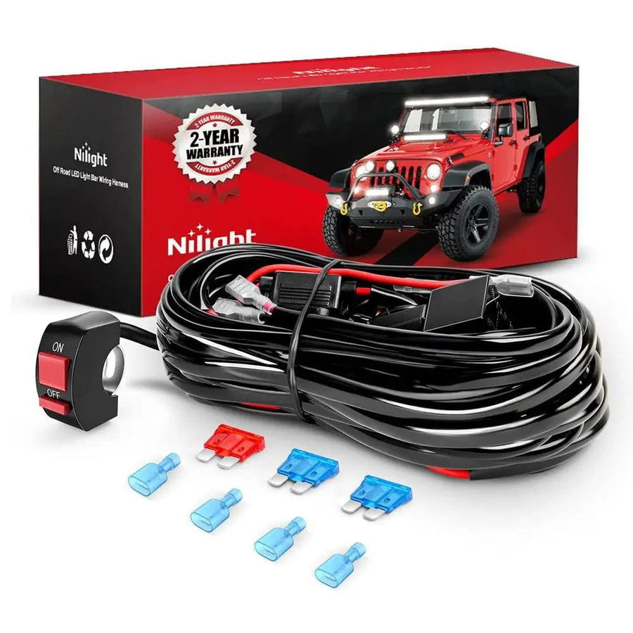 Nilight 16AWG Wire Harness Kit 2 Leads W/ 12V 7/8inch Motorcycle Handlebar Switch | 3 Fuses | 4 Spade Connectors