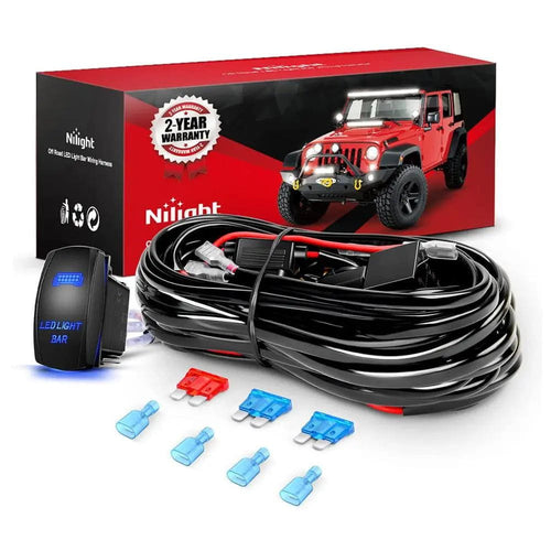 Nilight 16AWG Wire Harness Kit 2 Leads W/ 12V 5Pin Light Bar Switch | 3 Fuses | 4 Spade Connectors