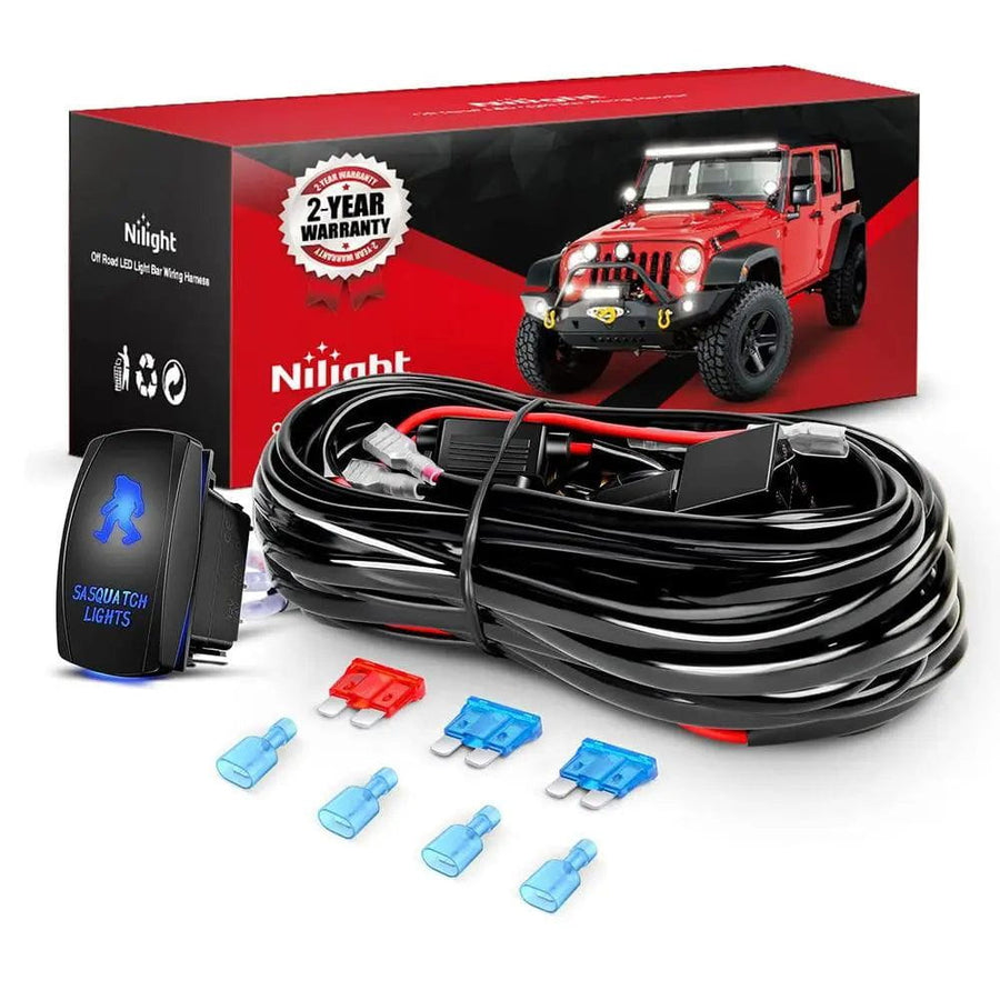 Nilight 16AWG Wire Harness Kit 2 Leads W/ 12V 5Pin Sasquatch Lights Switch | 3 Fuses | 4 Spade Connectors