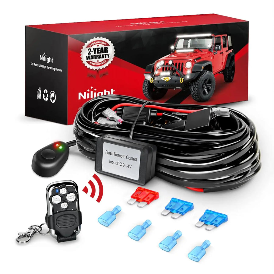 Nilight 16AWG Wire Harness Kit 2 Leads W/ Remote Controller Switch | 3 Fuses | 4 Spade Connectors