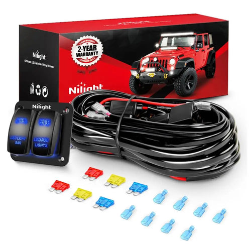 Nilight 16AWG Wire Harness LED Light BAR and LED POD Lights 4 Leads W/ 12V 5Pin Switch | 6 Fuses | 8 Spade Connectors