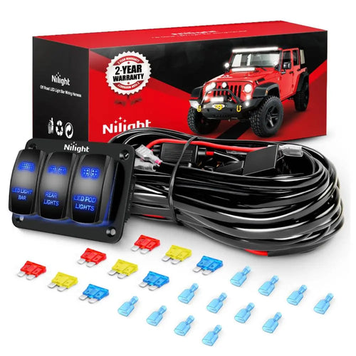 Nilight 16AWG Wire Harness LED Light BAR Rear Lights and LED POD Lights 6 Leads W/ 3 Gang Rocker Switch | 9 Fuses | 12 Spade Connectors