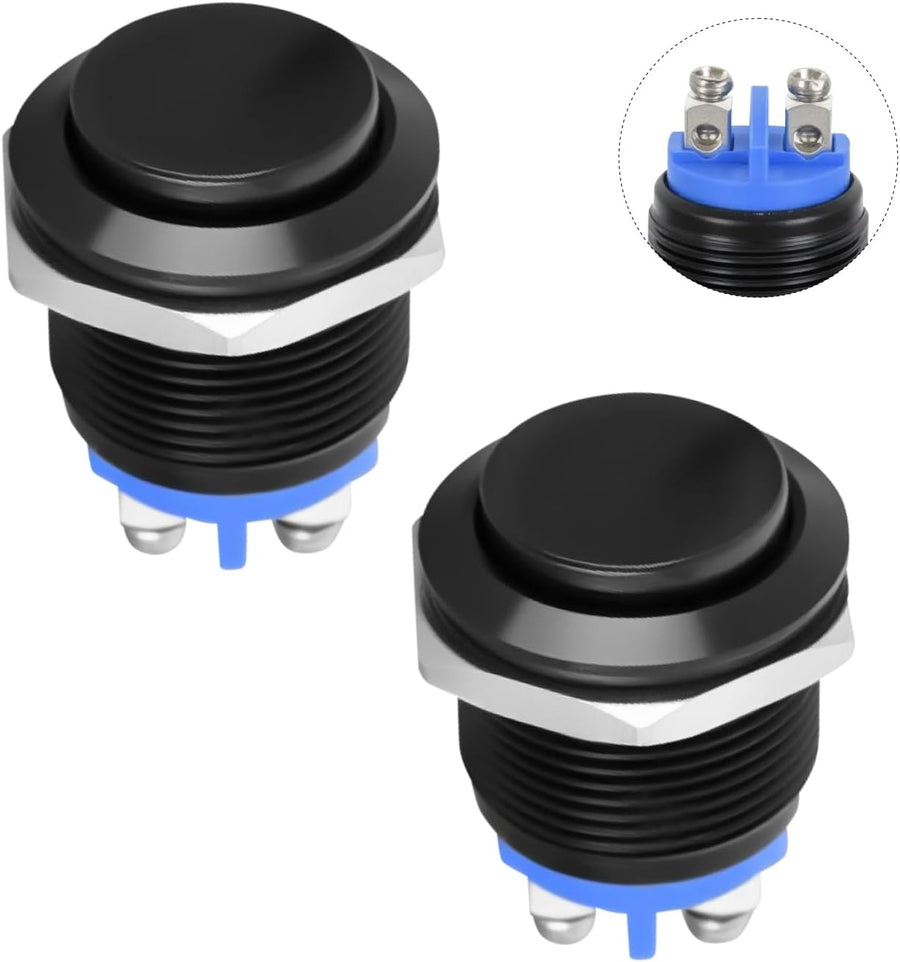 Nilight 16mm Momentary Push Button Switch 12V Waterproof Black Metal Round Starter Power Switches 2PCS 2 Pin Screw Terminal for Car Truck Horn Boat Marine RV Vehicle