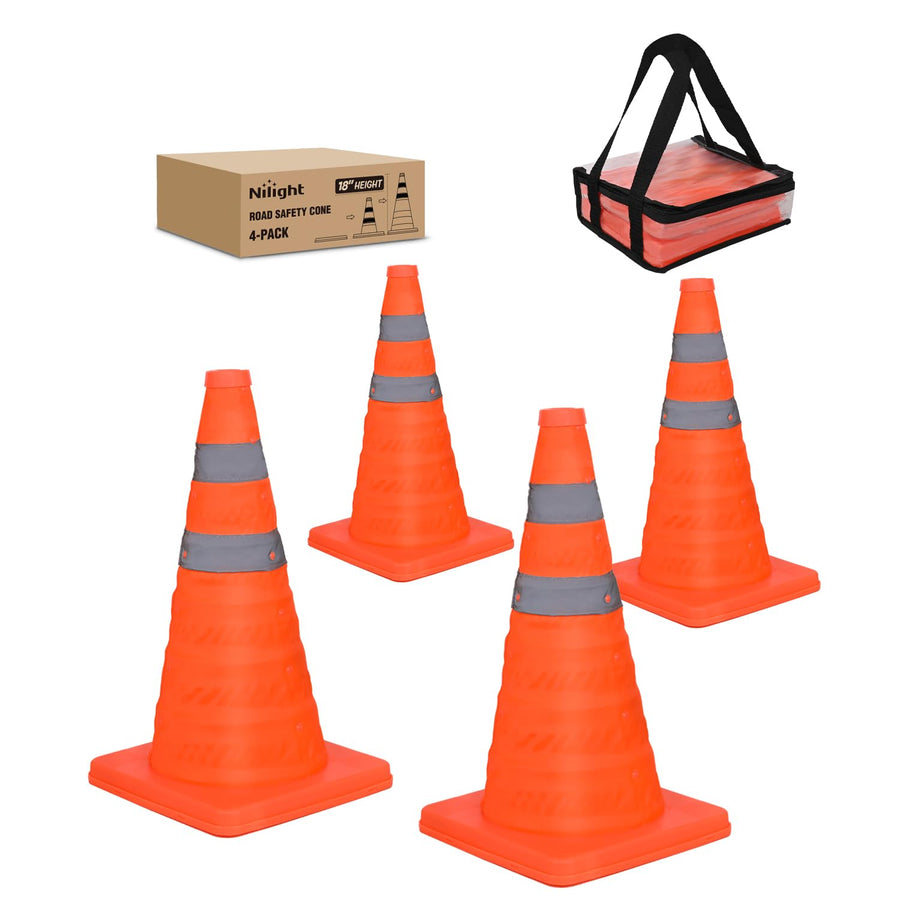 Nilight 18 Inch Collapsible Traffic Safety Cones 4 Pack - Bright Orange Parking Cones with Reflective Collars for Roadside Emergency, Parking, Driving Practice