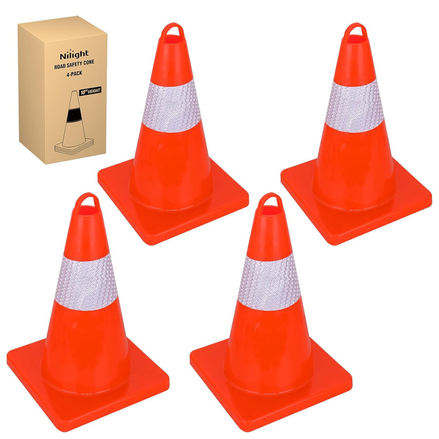 Nilight 18 inch Traffic Safety Cones, 4 Pack Durable PVC Orange Cones with Reflective Collars for Road Safety, Parking, Construction Work, Sports Training