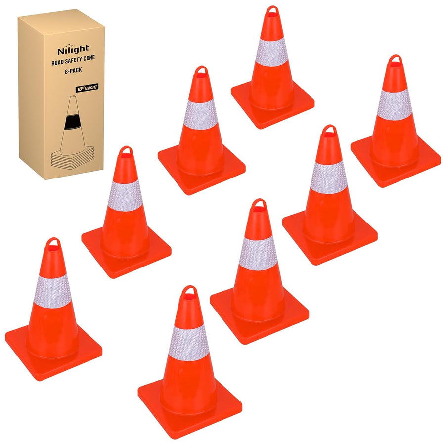 Nilight 18 inch Traffic Safety Cones, 8 Pack Durable PVC Orange Cones with Reflective Collars for Road Safety, Parking, Construction Work, Sports Training